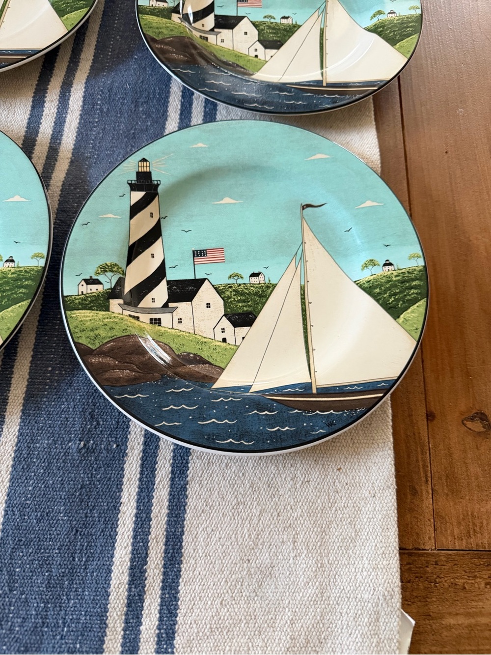 6 Warren Kimble Sakura Coastal Breeze Lighthouse Sailboats Salad Dessert Plates - Picture 2 of 4